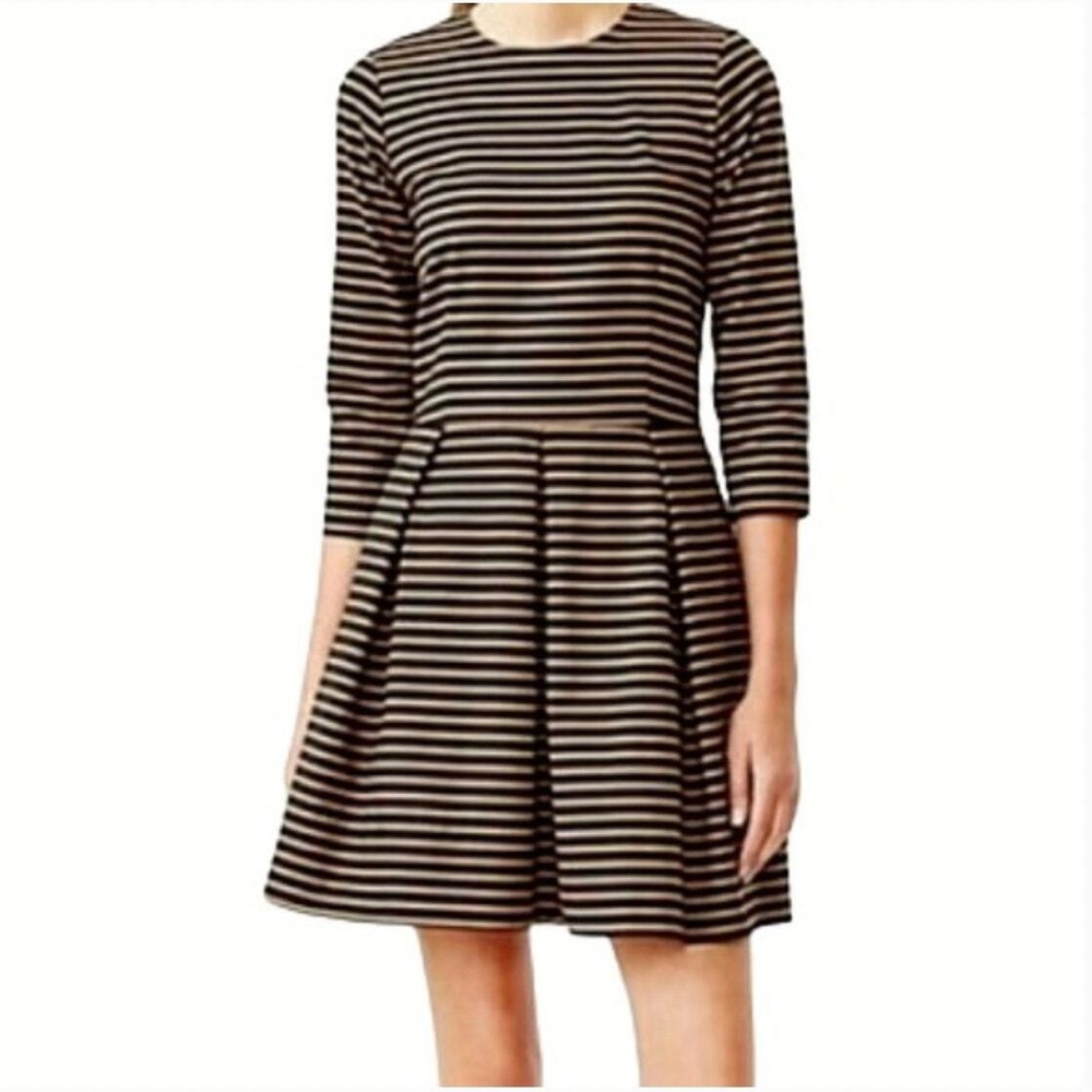 GAP Striped Black Tan Fit & Flare Mini Dress Pleated w/ Pockets 3/4 Sleeves‎